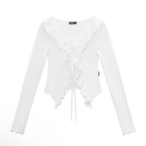 White Ruffled Long Sleeve Tie Front Blouse
